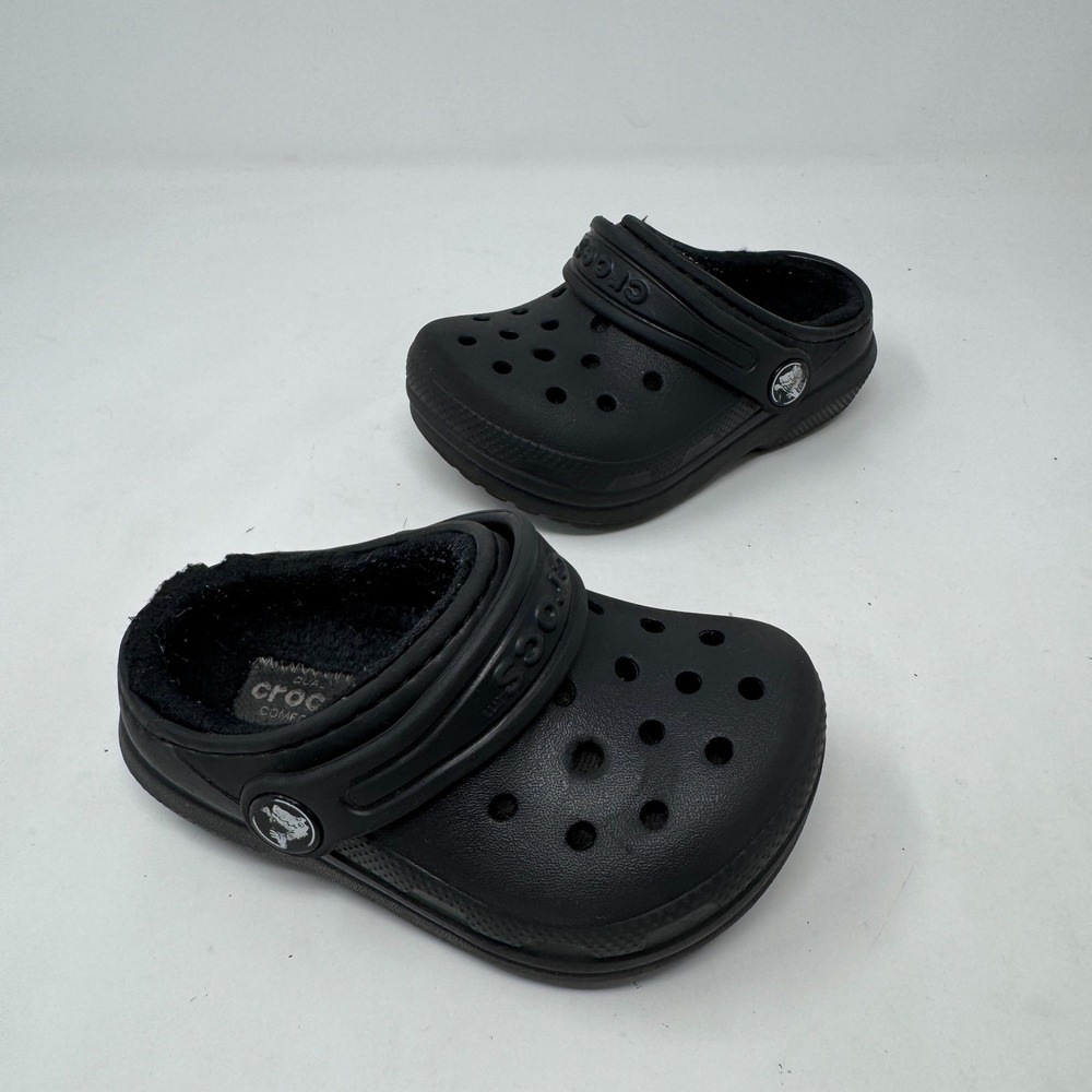 Crocs Shoes Black Fuzzy Lined Classic Clog Slip On Warm Shoes Toddlers Size C6